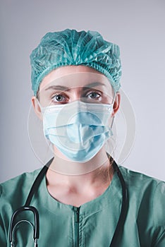 Female Doctor in Protective Mask and Medical Cap on Isolated Background, Closeup Portrait of Medicine Surgeon Doctor Wearing