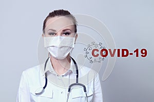 Female doctor in a protective medical mask. Pandemic virus COVID-19