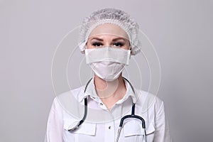 Female doctor in a protective medical mask. Pandemic virus COVID-19
