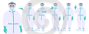 Female doctor in protective suit standing various poses and showing hand gestures. Set of physician covering with safety coverall