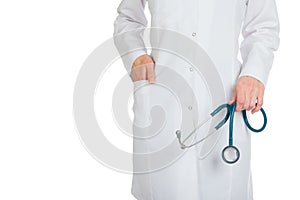 Female doctor with red hair. white background. stethoscope file and white uniform