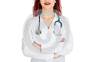 Female doctor with red hair. white background. stethoscope file and white uniform