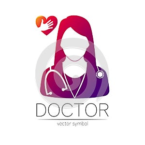 Female doctor and red heart with hand vector logotype. Medicine identity and concept. Logo for clinic, medical, pharmacy