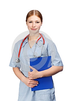 Female doctor with red stethoscope and paper holder