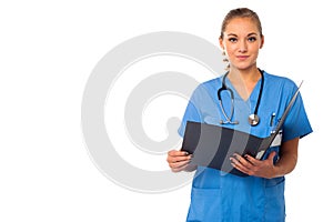 Female doctor reviewing documents