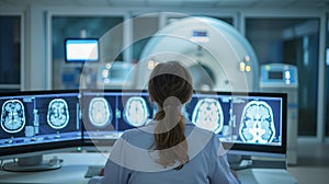 A female doctor's back view during the careful evaluation of brain scans in modern facility