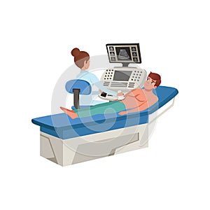 Female doctor scanning young man with ultrasound diagnostic machine, healthcare and medicine concept vector Illustration