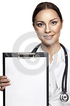 Female doctor showing clipboar photo