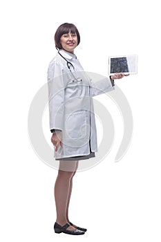 female doctor showing digital tablet. isolated on a white background.