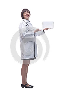 female doctor showing digital tablet. isolated on a white background.