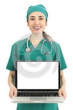 Female doctor showing laptop with copy space