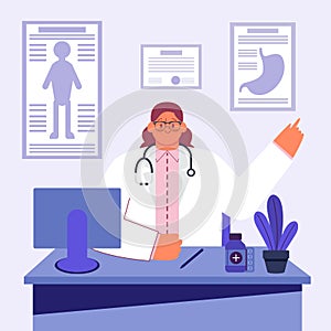 Female doctor sitting at the table in medical vector