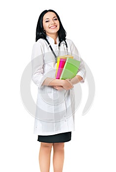 Female doctor with stethoscope and books