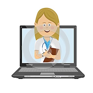 Female doctor with stethoscope and clipboard having consultation online on laptop