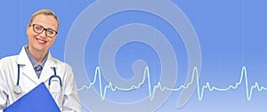 Female Doctor With Stethoscope and folder in blue ecg line on medical background. Health care banner