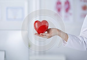 Female doctor with stethoscope holding heart, on light background