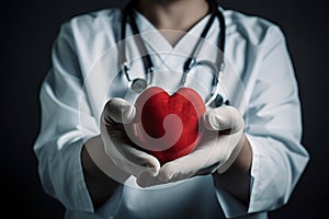 Female doctor with stethoscope holding heart, medical concept photo