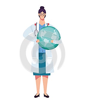 female doctor with stethoscope lifting earth planet