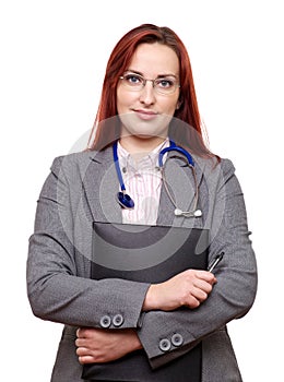 Female doctor with stethoscope and notes