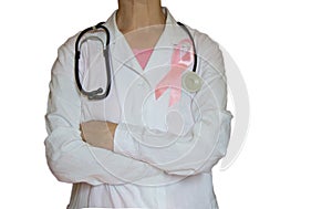 Female doctor with stethoscope and pink ribbon, isolated Health care, medical breast cancer awareness concept