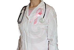 Female doctor with stethoscope and pink ribbon, isolated Health care, medical breast cancer awareness concept