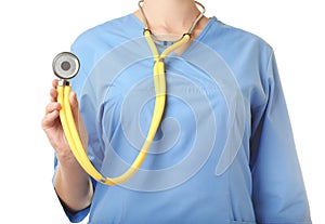 Female doctor with stethoscope on white background, closeup.