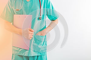 Female doctor, surgeon, nurse, pharmacy with stethoscope holding