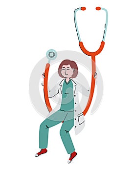 Female doctor swings on stethoscope.