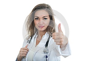 Female doctor with thumbs up isolated over a white background