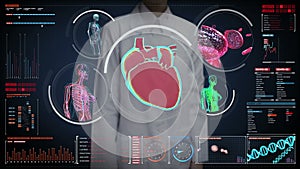 Female doctor touching digital screen, Female body scanning blood vessel, lymphatic, heart, circulatory system in digital display
