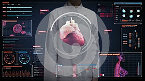 Female doctor touching digital screen, scanning heart. Human cardiovascular system. medical technology.