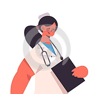 Female doctor in uniform holding clipboard healthcare medicine concept