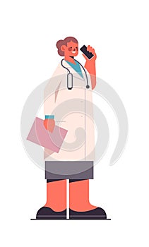 Female doctor in uniform holding clipboard and talking on phone healthcare medicine concept
