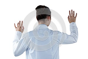 Female doctor using digital screen against white background