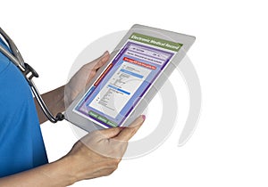 Female doctor using digital tablet searching medical ICD code photo