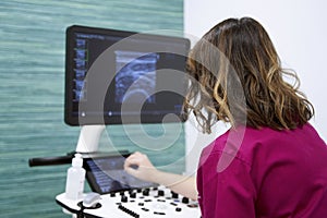 Female doctor using an ultrasound scanner in a medical center.