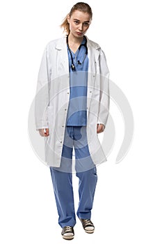 Female Doctor Walking Wearing Lab Coat