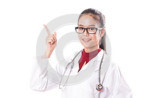 Female doctor wearing glasses pointing up.