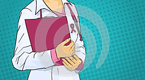 Female Doctor Wearing Pink Ribbon On Coat World Cancer Day Concept Breast Disease Awareness Prevention