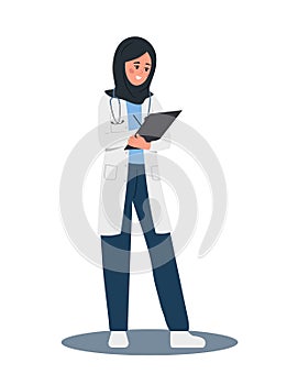 Female doctor writing medical prescription. Arabian woman in hijab holding clipboard with recipe for patient. Healthcare