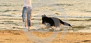 Female dog owner with his longhaired German Shepherd trains at sea beach