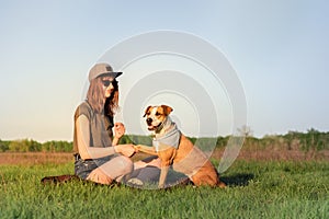 Female dog owner and trained staffordshire terrier giving paw