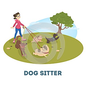 Female dog sitter walking with cute pets