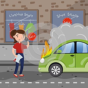 Female driver calling for help after car accident on city street, car insurance concept vector illustration in cartoon