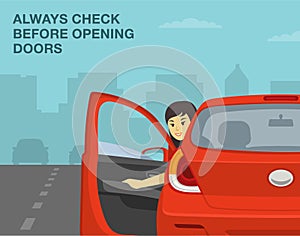 Female driver opens car door and looks back. Always check before opening doors.