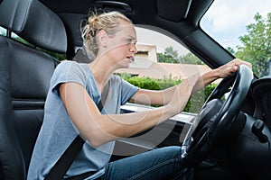 Female driver sounding horn car