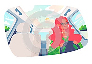Female driver. Vector illustration in cartoon style with girl who drives car, sits on front seat behind wheel.
