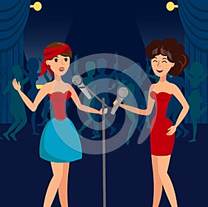 Female Duet in Night Club Vector Illustration