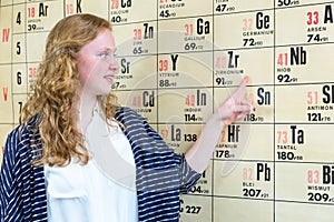 Female dutch student pointing at wall chart with periodic table