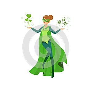 Female eco superhero levitates with green leaves